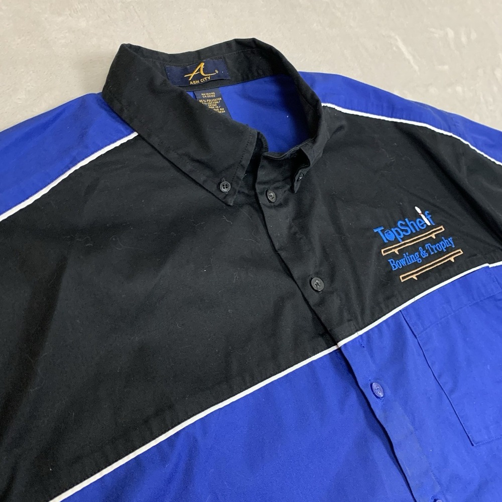 Ash City Bowling Shirt Mens Large Blue Black Short Sleeve Button Down Logo